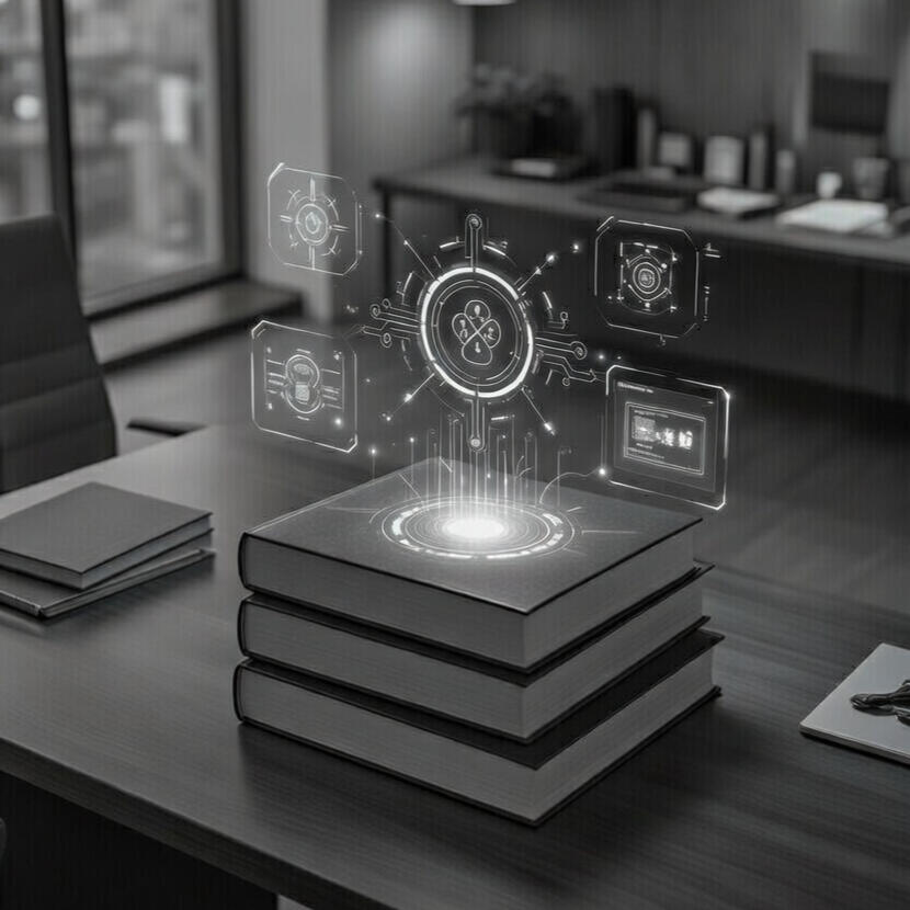 About Image of book with AI designs floating over corporate and M&A legal books and treatises